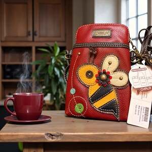 Chala Honey Bee Cell Phone Crossbody Purse Burgundy Vegan Leather